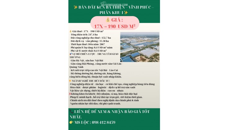  BÁN ĐẤT KCN BÁ THIỆN – VĨNH PHÚC – PHÂN KHU I  